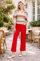 APNY Ribbed Stripe Polo Top Olive Multi-Tops-APNY-Deja Nu Boutique, Women's Fashion Boutique in Lampasas, Texas