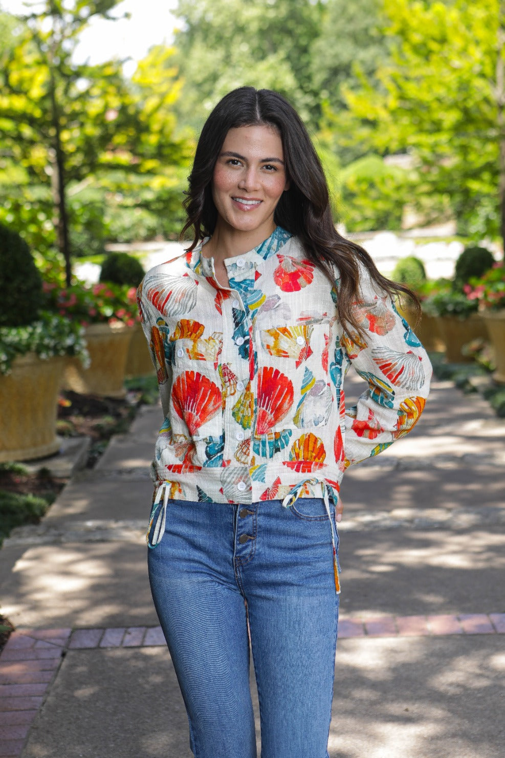 APNY Seashell Print Woven Shirt – Hot Coral Multi-Tops-APNY-Deja Nu Boutique, Women's Fashion Boutique in Lampasas, Texas