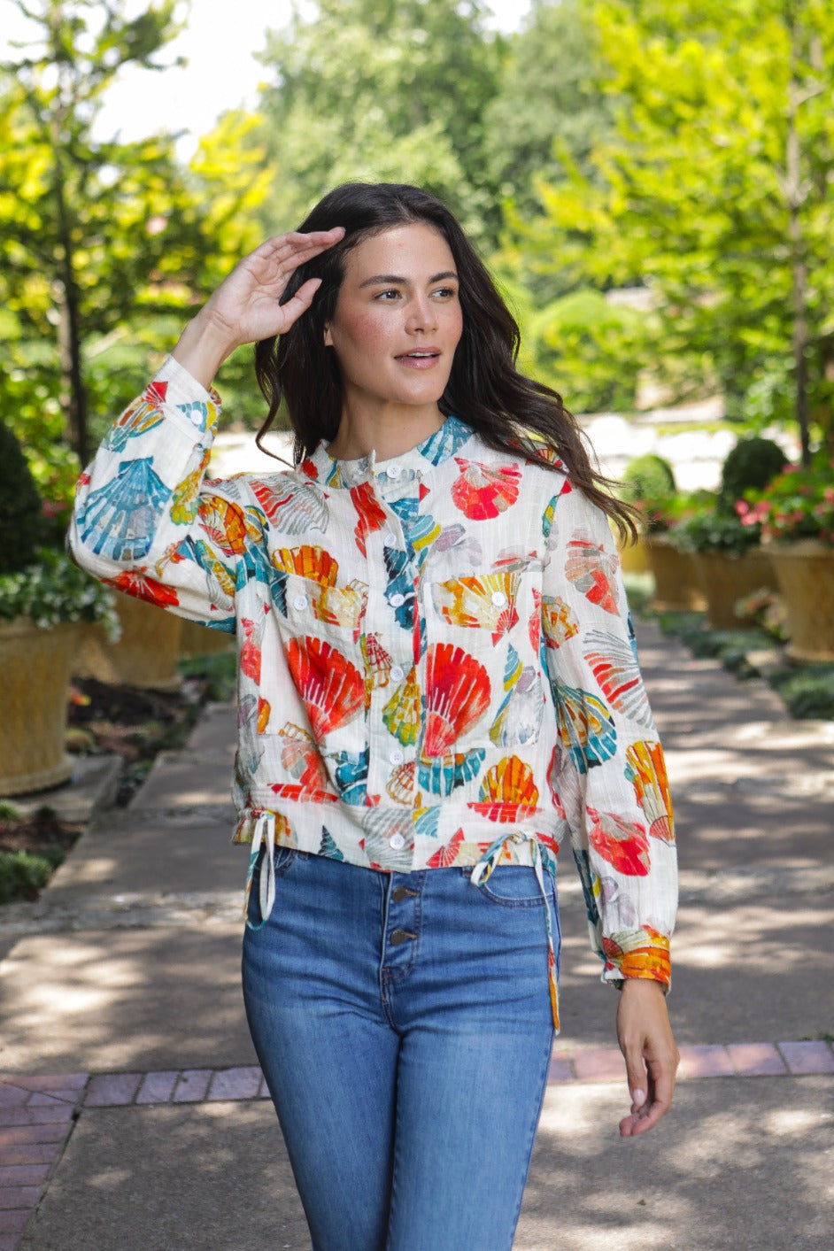APNY Seashell Print Woven Shirt – Hot Coral Multi-Tops-APNY-Deja Nu Boutique, Women's Fashion Boutique in Lampasas, Texas