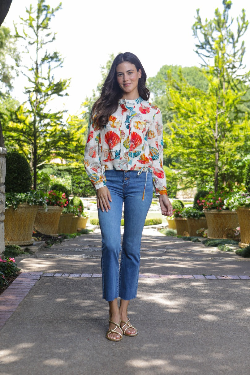 APNY Seashell Print Woven Shirt – Hot Coral Multi-Tops-APNY-Deja Nu Boutique, Women's Fashion Boutique in Lampasas, Texas