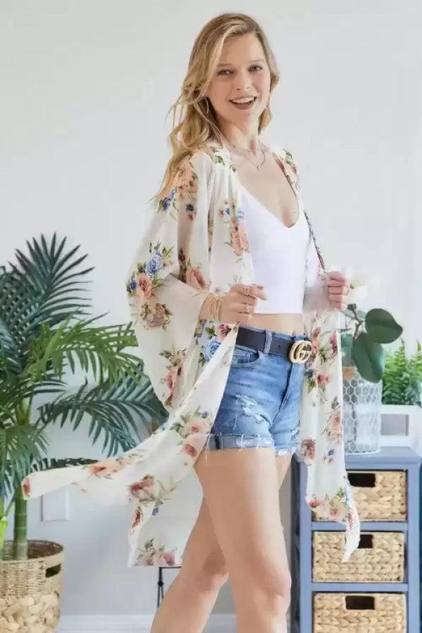 Adora Chiffon Floral Print Three Fourth Sleeve Kimono In Ivory And Blue-Cardigans & Kimonos-Adora-Deja Nu Boutique, Women's Fashion Boutique in Lampasas, Texas