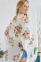 Adora Chiffon Floral Print Three Fourth Sleeve Kimono In Ivory And Blue-Cardigans & Kimonos-Adora-Deja Nu Boutique, Women's Fashion Boutique in Lampasas, Texas