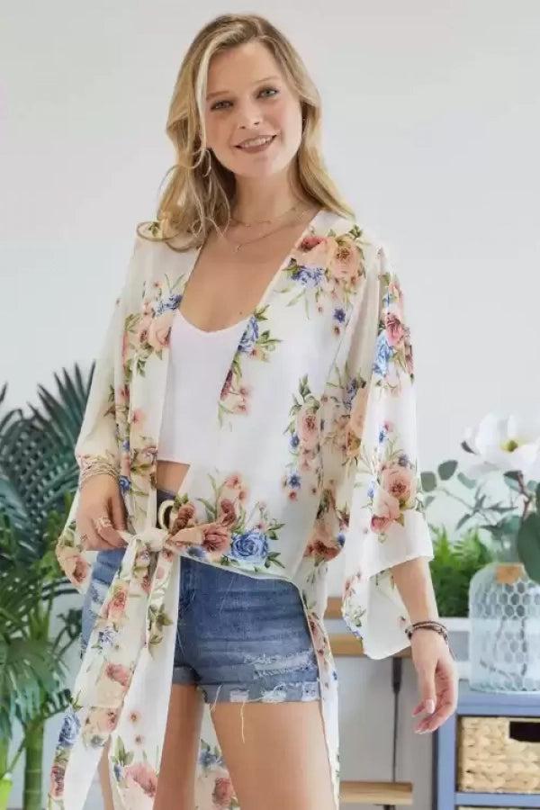 Adora Chiffon Floral Print Three Fourth Sleeve Kimono In Ivory And Blue-Cardigans & Kimonos-Adora-Deja Nu Boutique, Women's Fashion Boutique in Lampasas, Texas