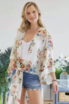 Adora Chiffon Floral Print Three Fourth Sleeve Kimono In Ivory And Blue-Cardigans & Kimonos-Adora-Deja Nu Boutique, Women's Fashion Boutique in Lampasas, Texas