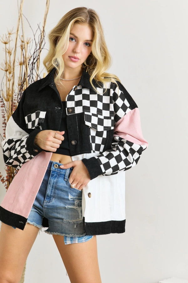 Adora Colorblock Corduroy Jacket With Checker Contrast In White Black And Pink-Jackets-Adora-Deja Nu Boutique, Women's Fashion Boutique in Lampasas, Texas