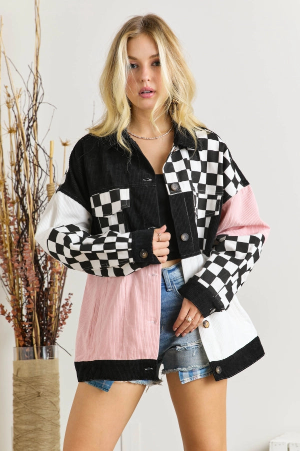 Adora Colorblock Corduroy Jacket With Checker Contrast In White Black And Pink-Jackets-Adora-Deja Nu Boutique, Women's Fashion Boutique in Lampasas, Texas
