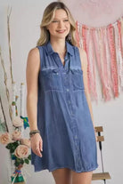 Adora Solid Denim Button Down Sleeveless Short Dress-Short Dresses-Adora-Deja Nu Boutique, Women's Fashion Boutique in Lampasas, Texas