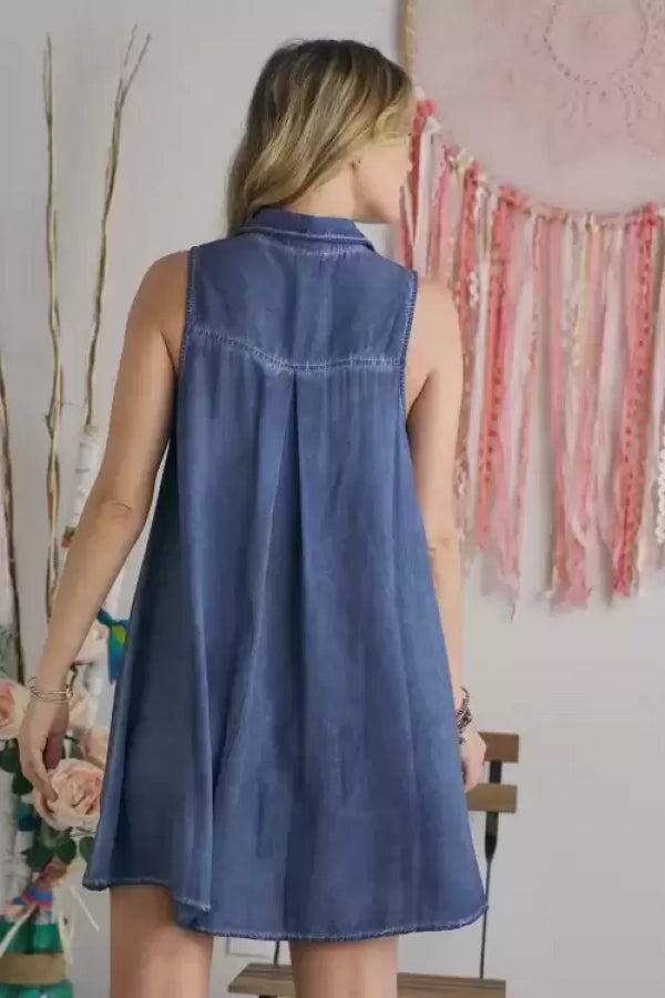 Adora Solid Denim Button Down Sleeveless Short Dress-Short Dresses-Adora-Deja Nu Boutique, Women's Fashion Boutique in Lampasas, Texas