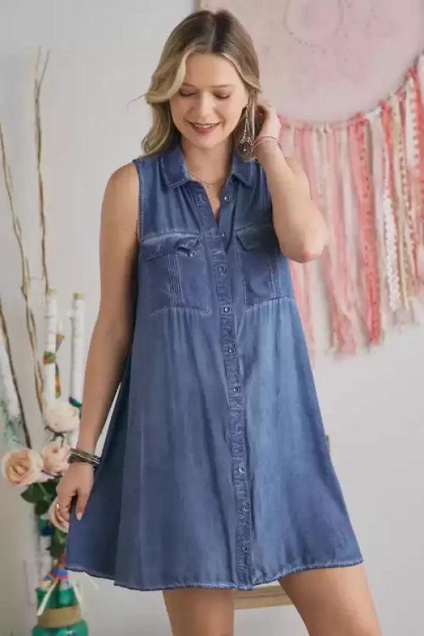 Adora Solid Denim Button Down Sleeveless Short Dress-Short Dresses-Adora-Deja Nu Boutique, Women's Fashion Boutique in Lampasas, Texas