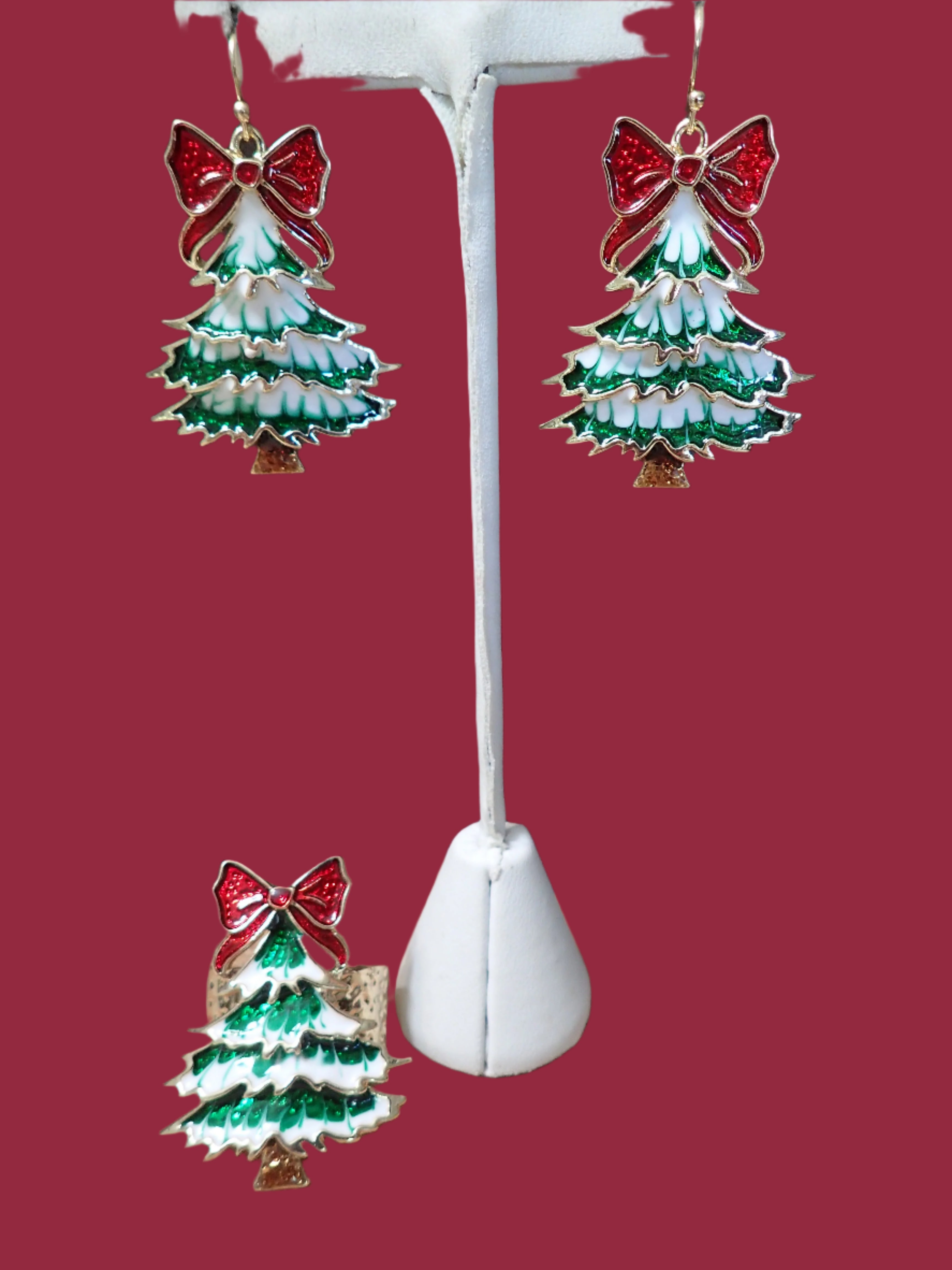 All That Glitterz Green Christmas Tree Earrings with Red Glitter Bow-Earrings-All That Glitterz-Deja Nu Boutique, Women's Fashion Boutique in Lampasas, Texas