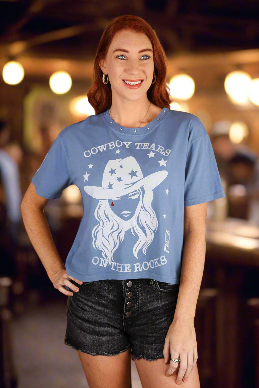 All Us Cowboy Tears Boy Tee In Dusty Blue Graphic Western T-Shirt-Tops-All Us-Deja Nu Boutique, Women's Fashion Boutique in Lampasas, Texas