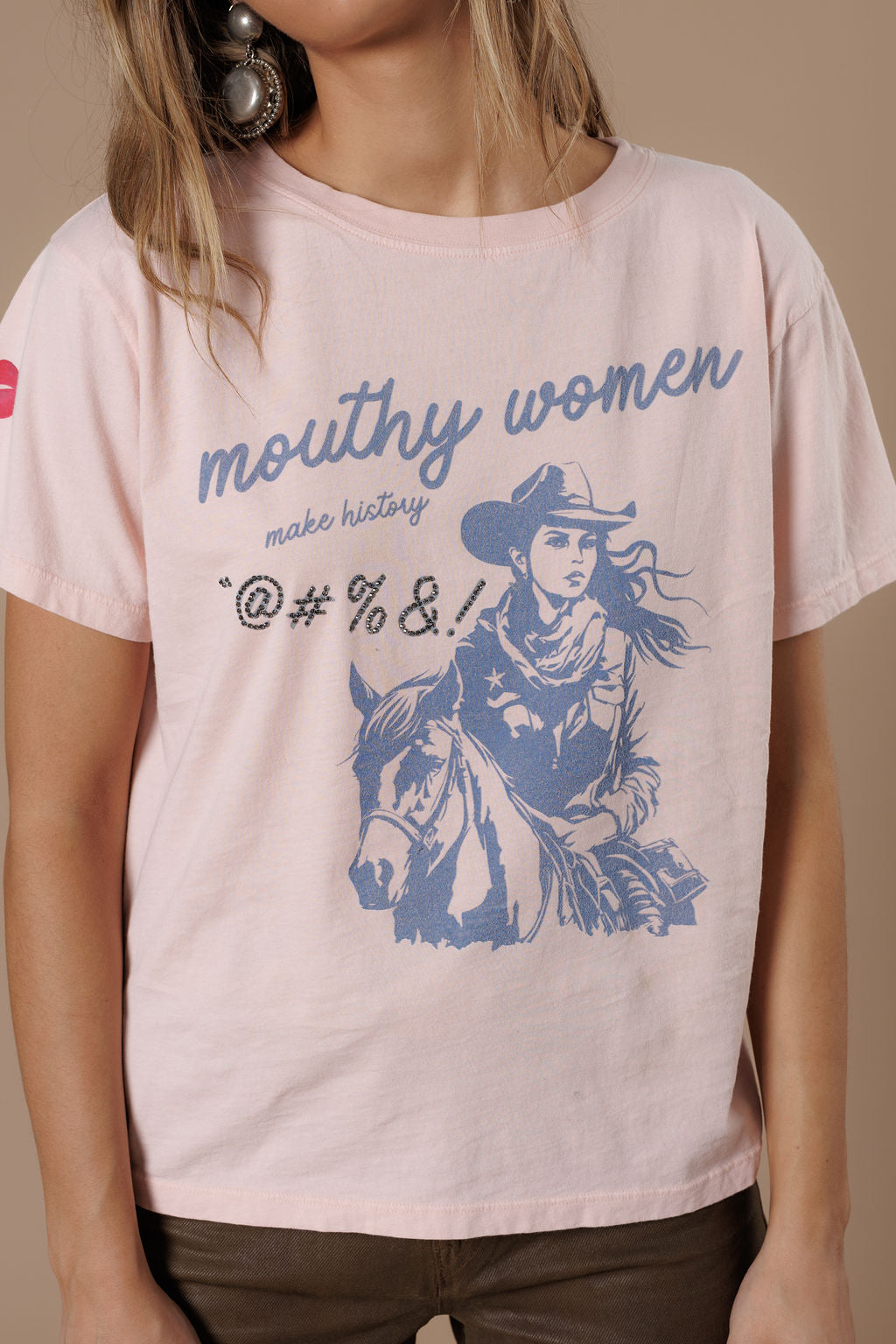 All Us Mouthy Women Boy Tee in Peach A Rhinestone Embellished Western Graphic T-Shirt-Tops-All Us-Deja Nu Boutique, Women's Fashion Boutique in Lampasas, Texas