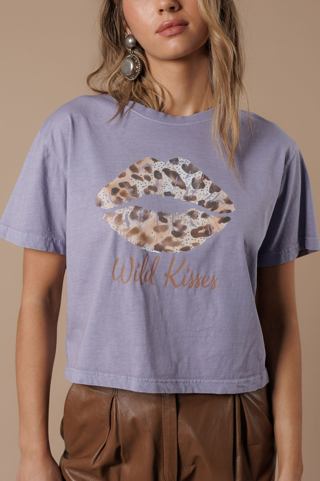 All Us Wild Kisses Wide Boy Tee in Lavender Rhinestone Leopard Lips Graphic-Tops-All Us-Deja Nu Boutique, Women's Fashion Boutique in Lampasas, Texas