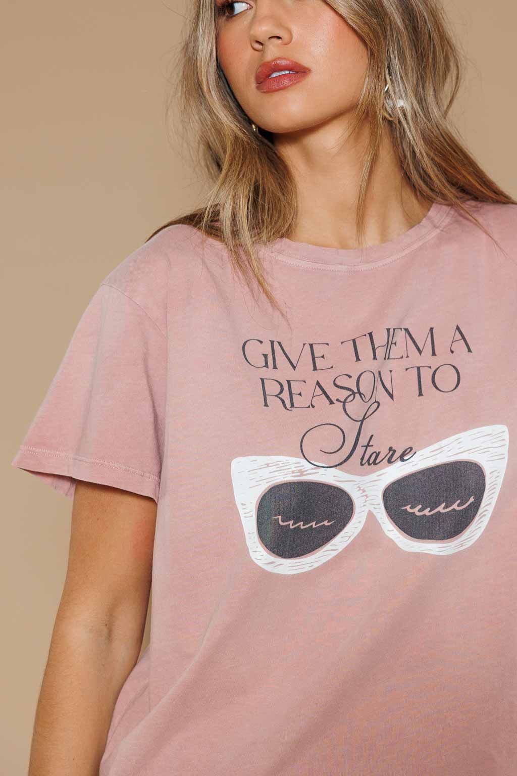 All Us “Give Them a Reason to Stare” Graphic Boyfriend Tee in Powder Pink-T-Shirts-All Us-Deja Nu Boutique, Women's Fashion Boutique in Lampasas, Texas