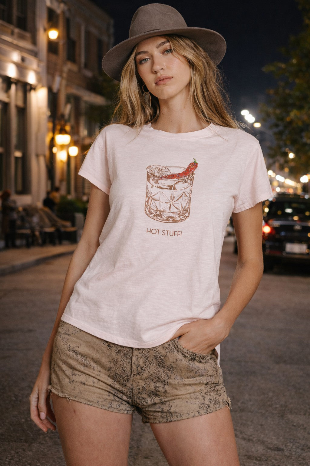 All Us “HOT STUFF” Rhinestone Slub Cap Tee In Powder Pink-T-Shirts-All Us-Deja Nu Boutique, Women's Fashion Boutique in Lampasas, Texas