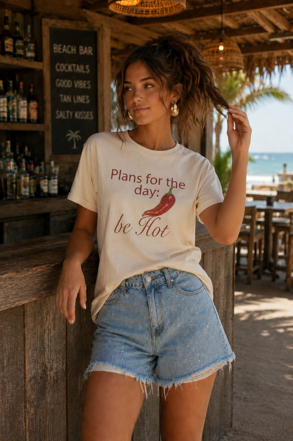 All Us “Be Hot” Rhinestone Natural Graphic Tee-Graphic Tees-All Us-Deja Nu Boutique, Women's Fashion Boutique in Lampasas, Texas
