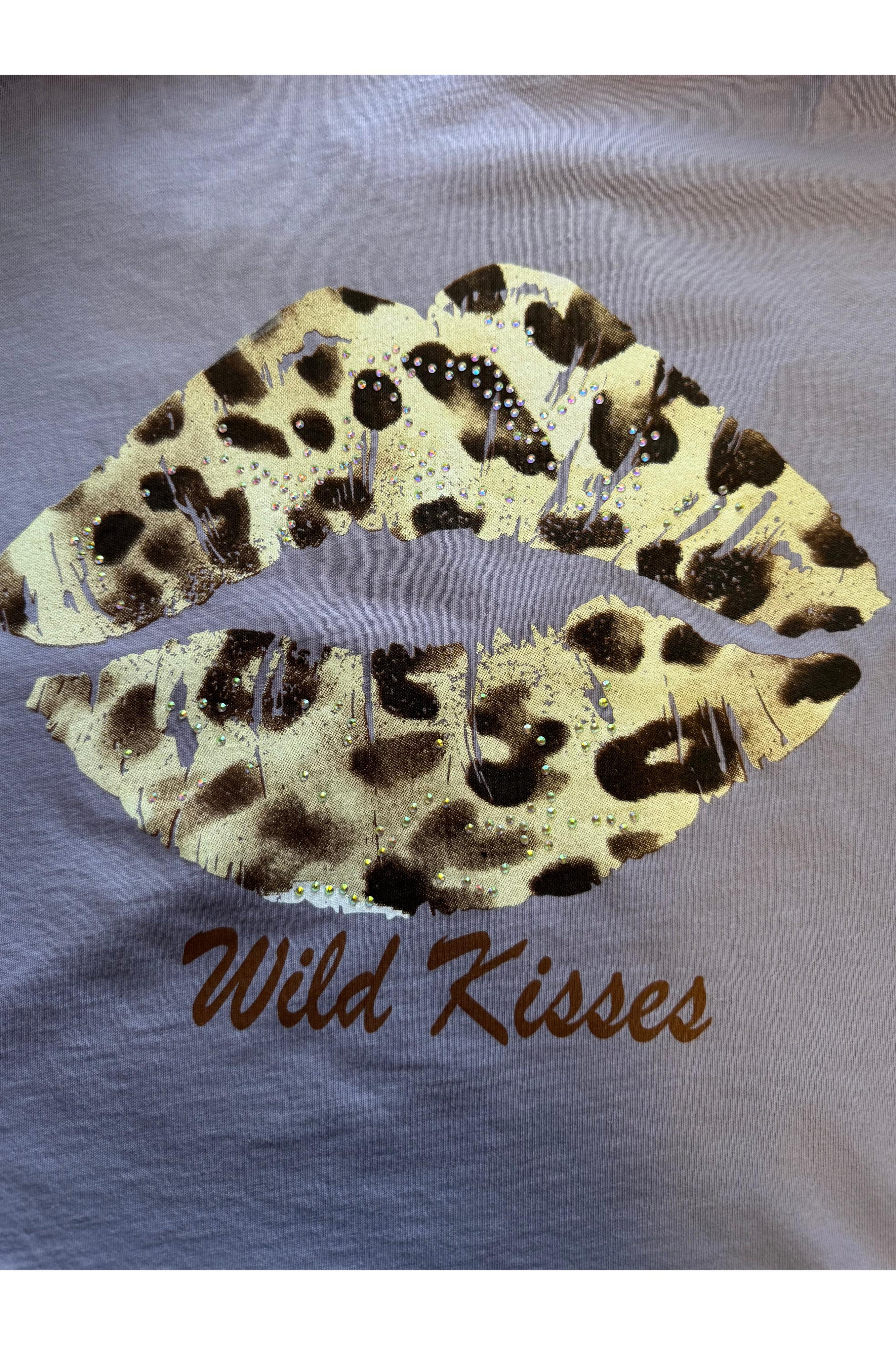 All Us Wild Kisses Wide Boy Tee in Lavender Rhinestone Leopard Lips Graphic-Tops-All Us-Deja Nu Boutique, Women's Fashion Boutique in Lampasas, Texas