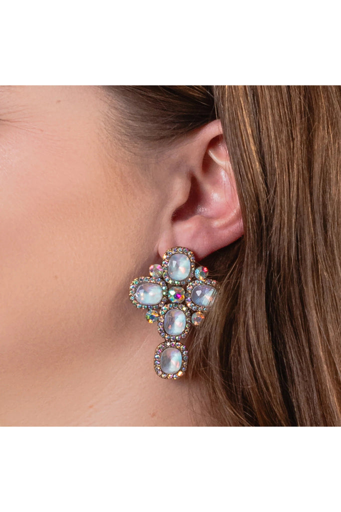 Amazing Grace Blue Crystal Cross Earrings With AB Rhinestones-Earrings-Deja Nu-Deja Nu Boutique, Women's Fashion Boutique in Lampasas, Texas