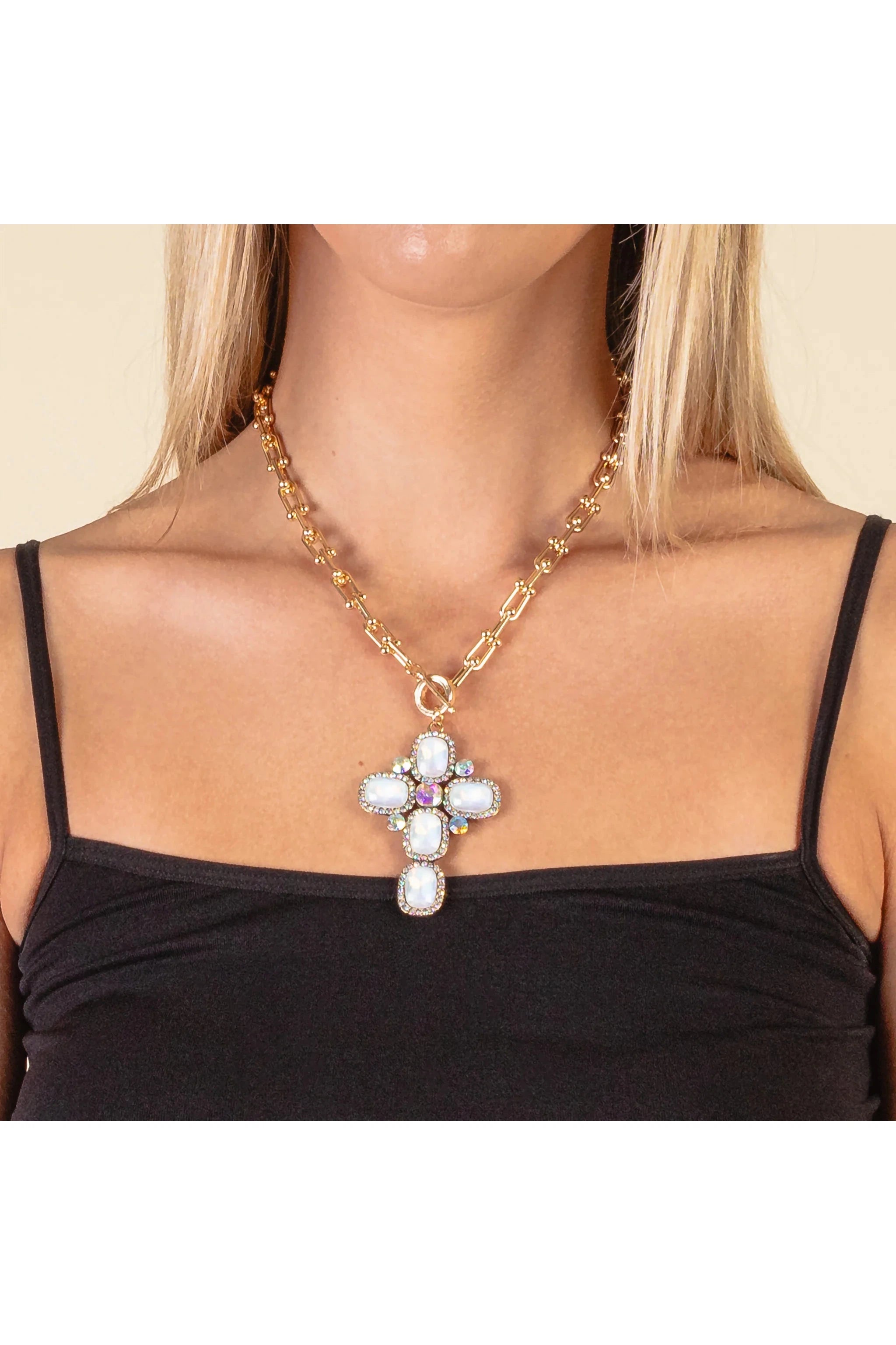Amazing Grace Blue Crystal Cross Pendant Necklace With AB Rhinestones-Necklaces-Deja Nu-Deja Nu Boutique, Women's Fashion Boutique in Lampasas, Texas