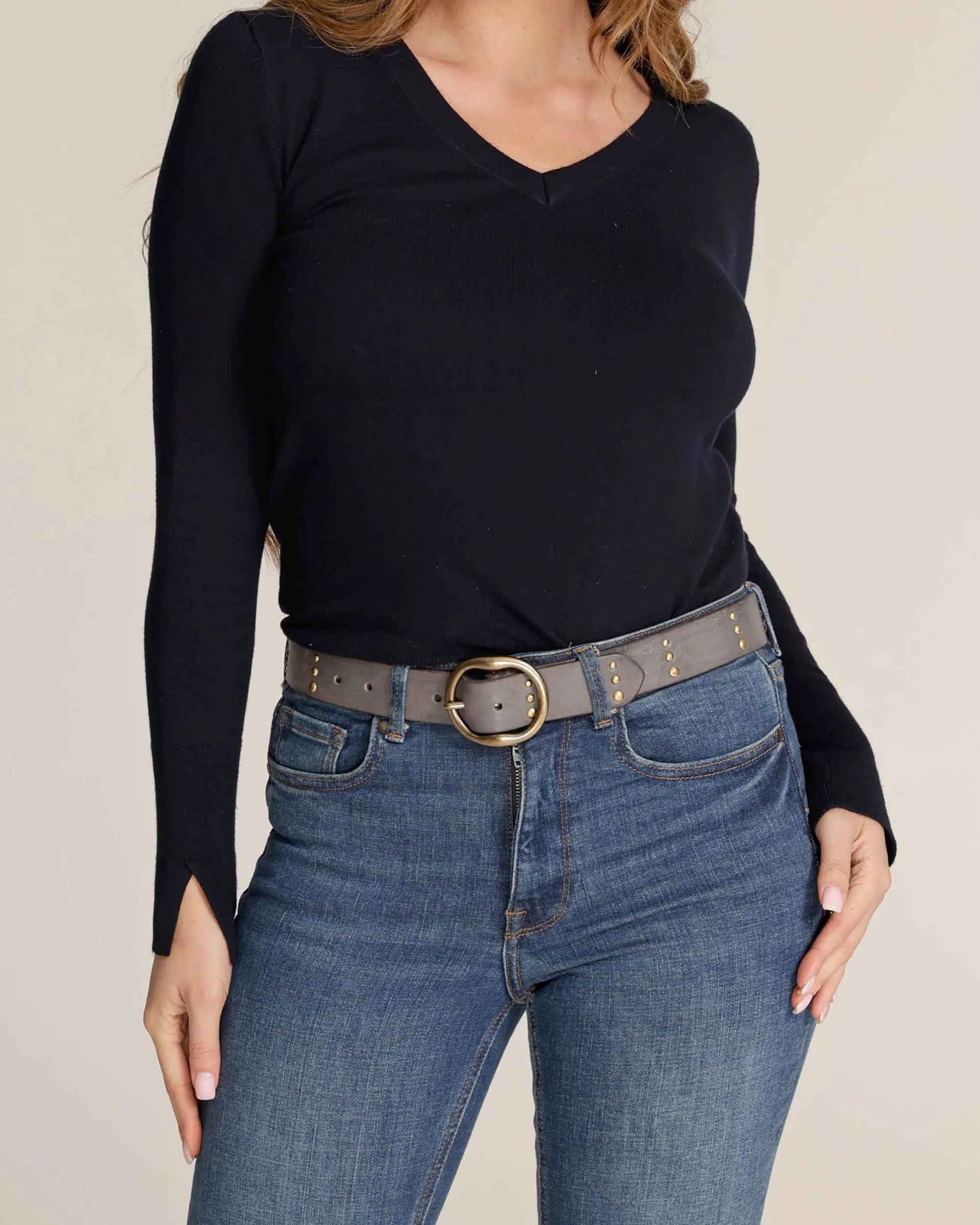 Amsterdam Heritage Dion Light Grey Round Buckle Leather Studded Belt-Belts-Amsterdam Heritage-Deja Nu Boutique, Women's Fashion Boutique in Lampasas, Texas