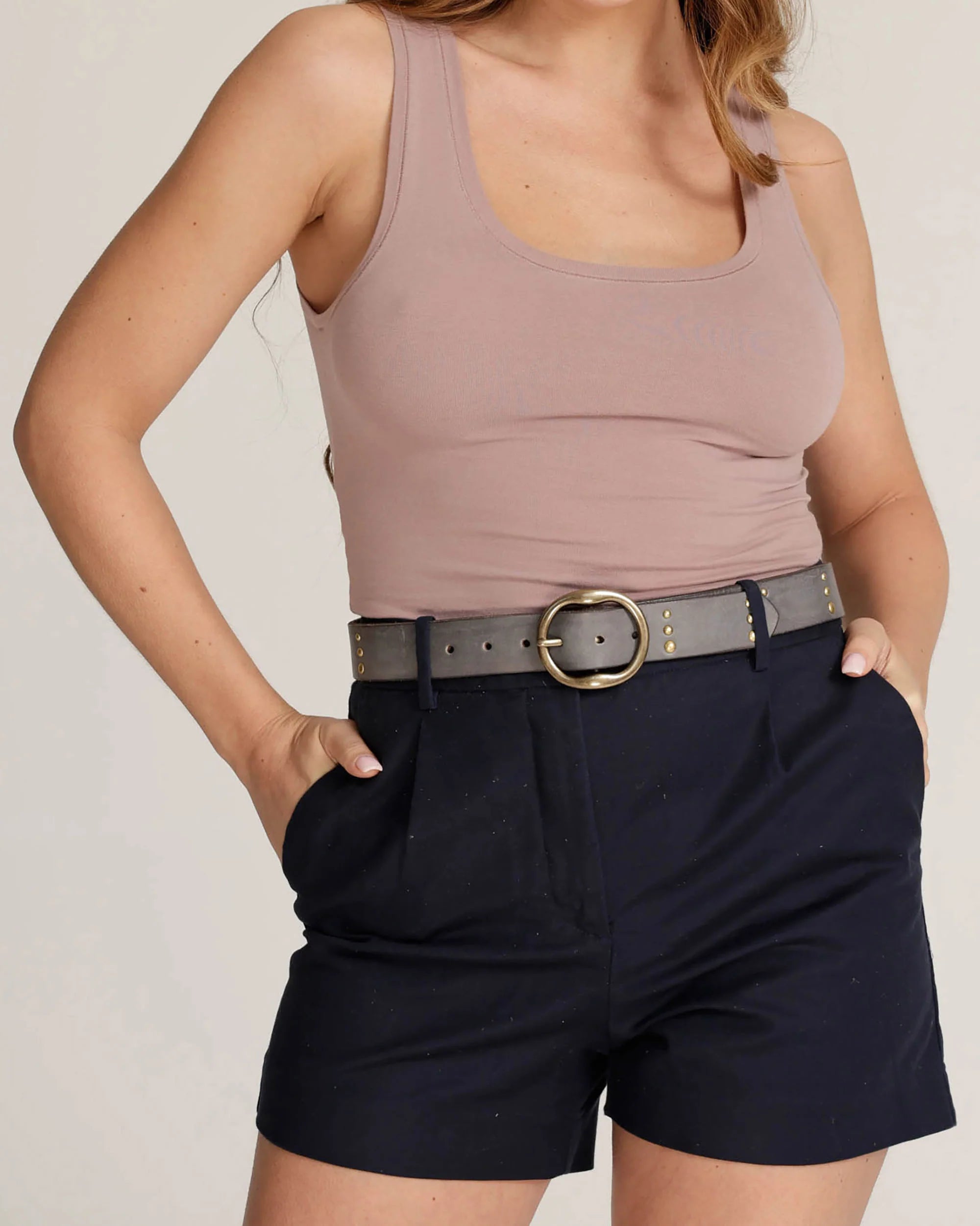 Amsterdam Heritage Dion Light Grey Round Buckle Leather Studded Belt-Belts-Amsterdam Heritage-Deja Nu Boutique, Women's Fashion Boutique in Lampasas, Texas