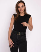 Amsterdam Heritage Kaya Black Vintage Gold Square Buckle Leather Belt-Belts-Amsterdam Heritage-Deja Nu Boutique, Women's Fashion Boutique in Lampasas, Texas