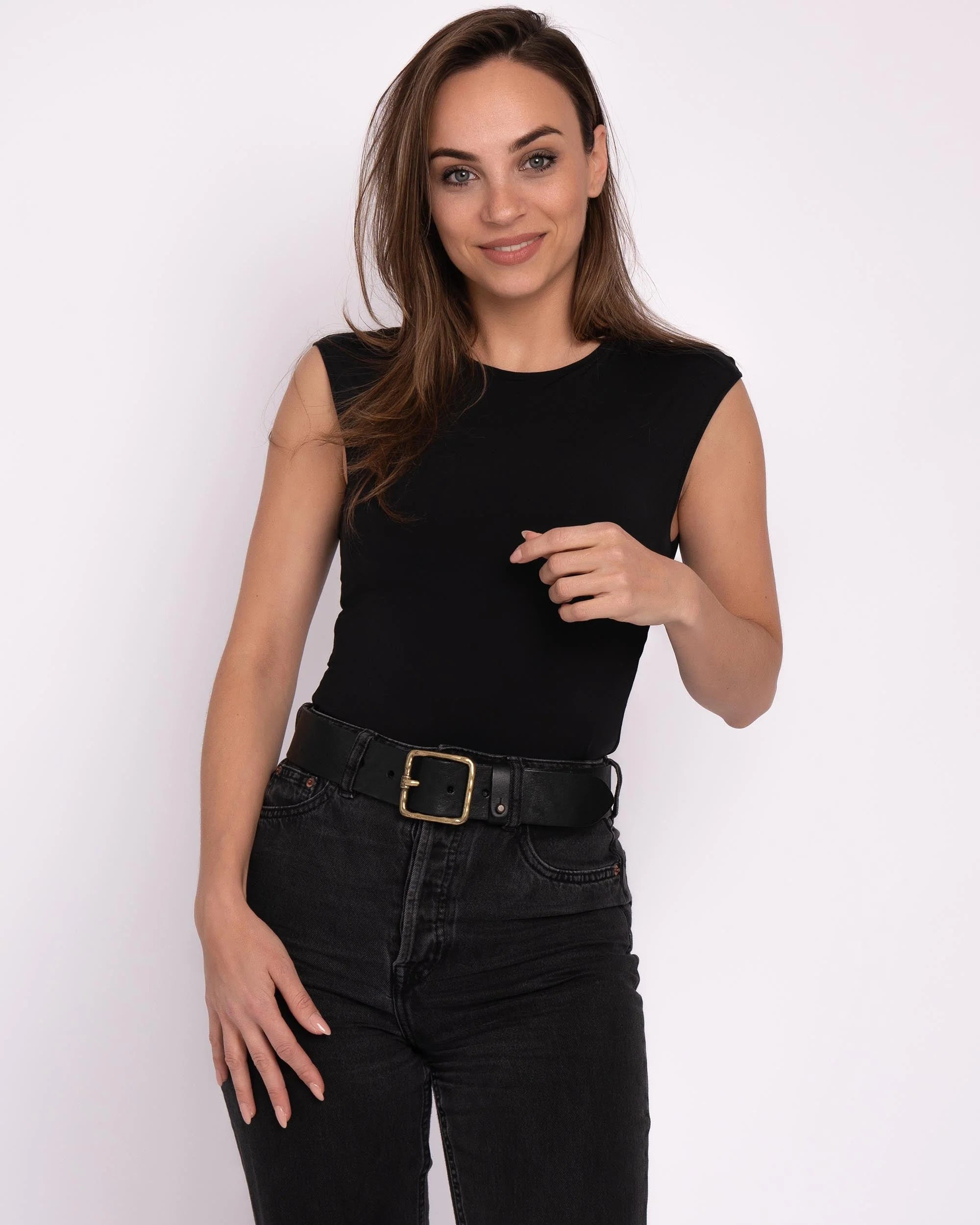 Amsterdam Heritage Kaya Black Vintage Gold Square Buckle Leather Belt-Belts-Amsterdam Heritage-Deja Nu Boutique, Women's Fashion Boutique in Lampasas, Texas