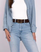 Amsterdam Heritage Kaya Brown Vintage Gold Square Buckle Leather Belt-Belts-Amsterdam Heritage-Deja Nu Boutique, Women's Fashion Boutique in Lampasas, Texas