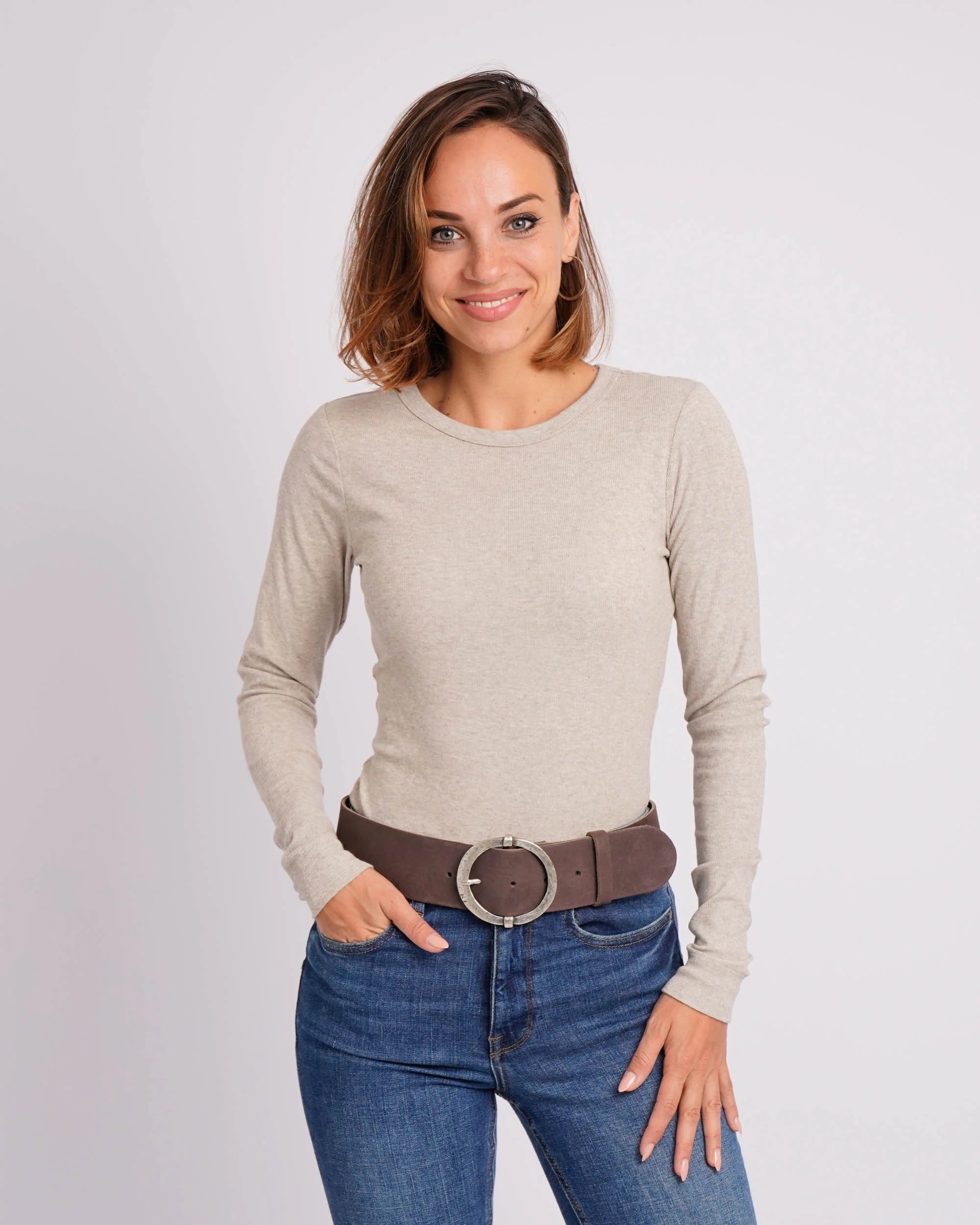 Amsterdam Heritage Lean Brown Luxe Leather Belt with Round Vintage Buckle-Belts-Amsterdam Heritage-Deja Nu Boutique, Women's Fashion Boutique in Lampasas, Texas