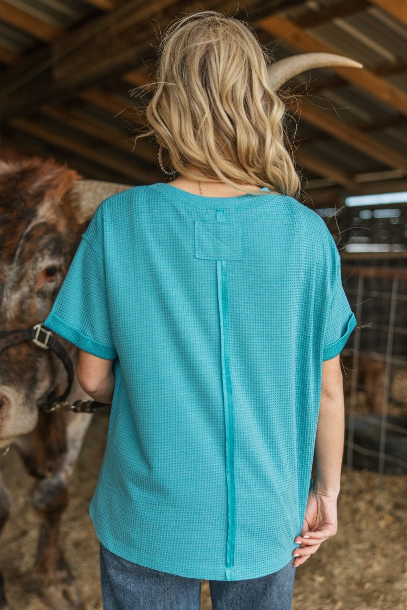 Andree by Morgan Nicole Thermal Knit Teal T-Shirt – Relaxed Fit Dolman Sleeve Top-Tops-Andree By Unit-Deja Nu Boutique, Women's Fashion Boutique in Lampasas, Texas