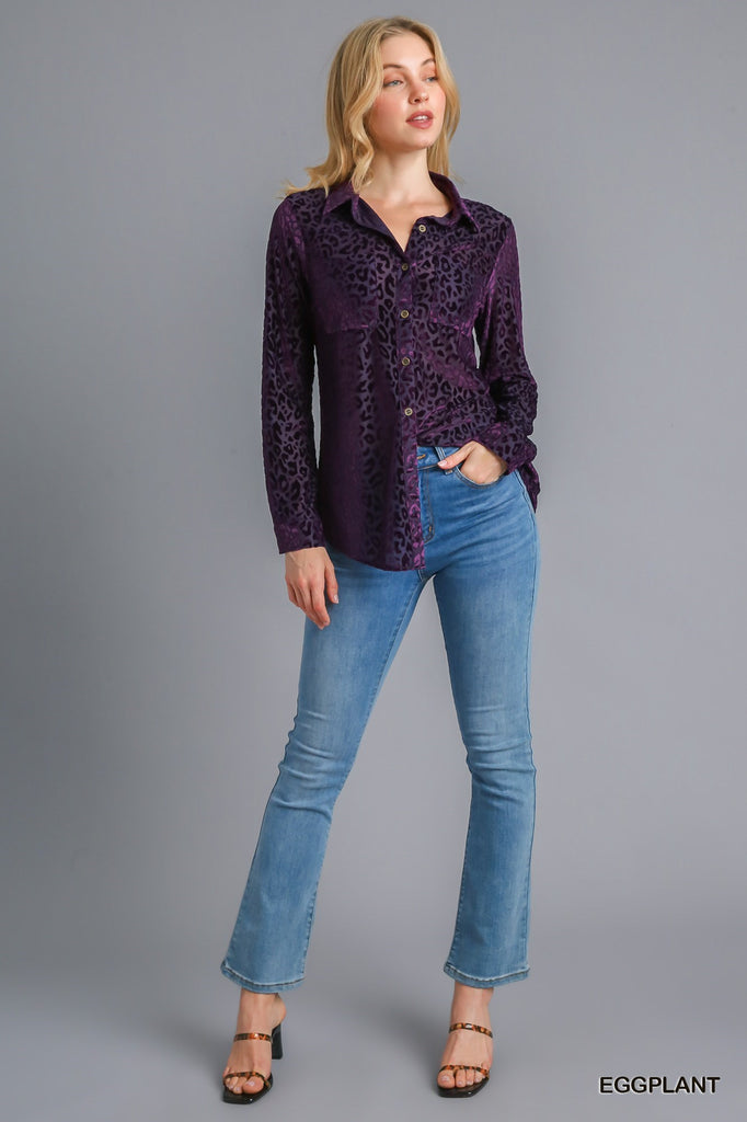 Umgee Animal Print Long Sleeve Velvet Button Up Top With Pockets In Eggplant-Long Sleeves-Umgee-Deja Nu Boutique, Women's Fashion Boutique in Lampasas, Texas
