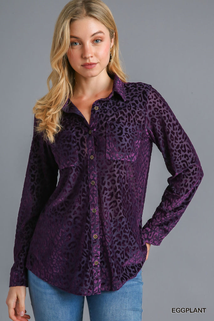 Umgee Animal Print Long Sleeve Velvet Button Up Top With Pockets In Eggplant-Long Sleeves-Umgee-Deja Nu Boutique, Women's Fashion Boutique in Lampasas, Texas