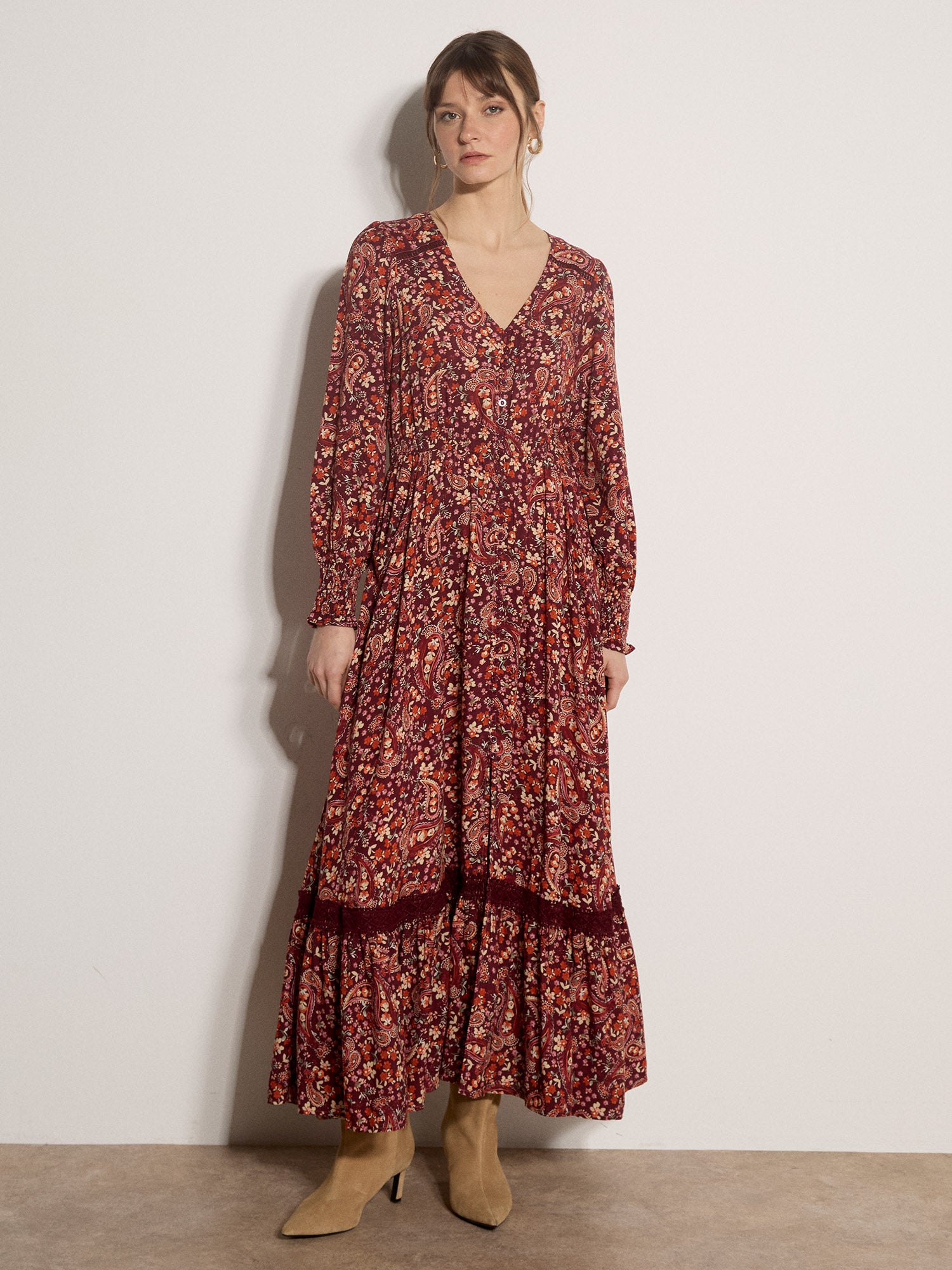 Apricot Painterly Paisley Crochet Insert Maxi Dress in Burgundy-Maxi Dresses-Apricot-Deja Nu Boutique, Women's Fashion Boutique in Lampasas, Texas