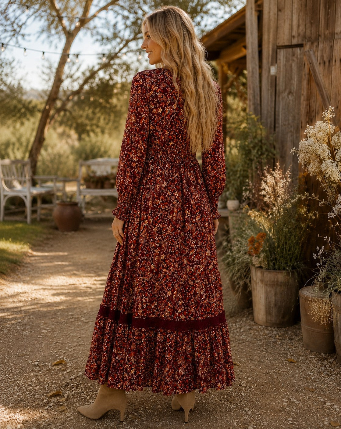 Apricot Painterly Paisley Crochet Insert Maxi Dress in Burgundy-Maxi Dresses-Apricot-Deja Nu Boutique, Women's Fashion Boutique in Lampasas, Texas