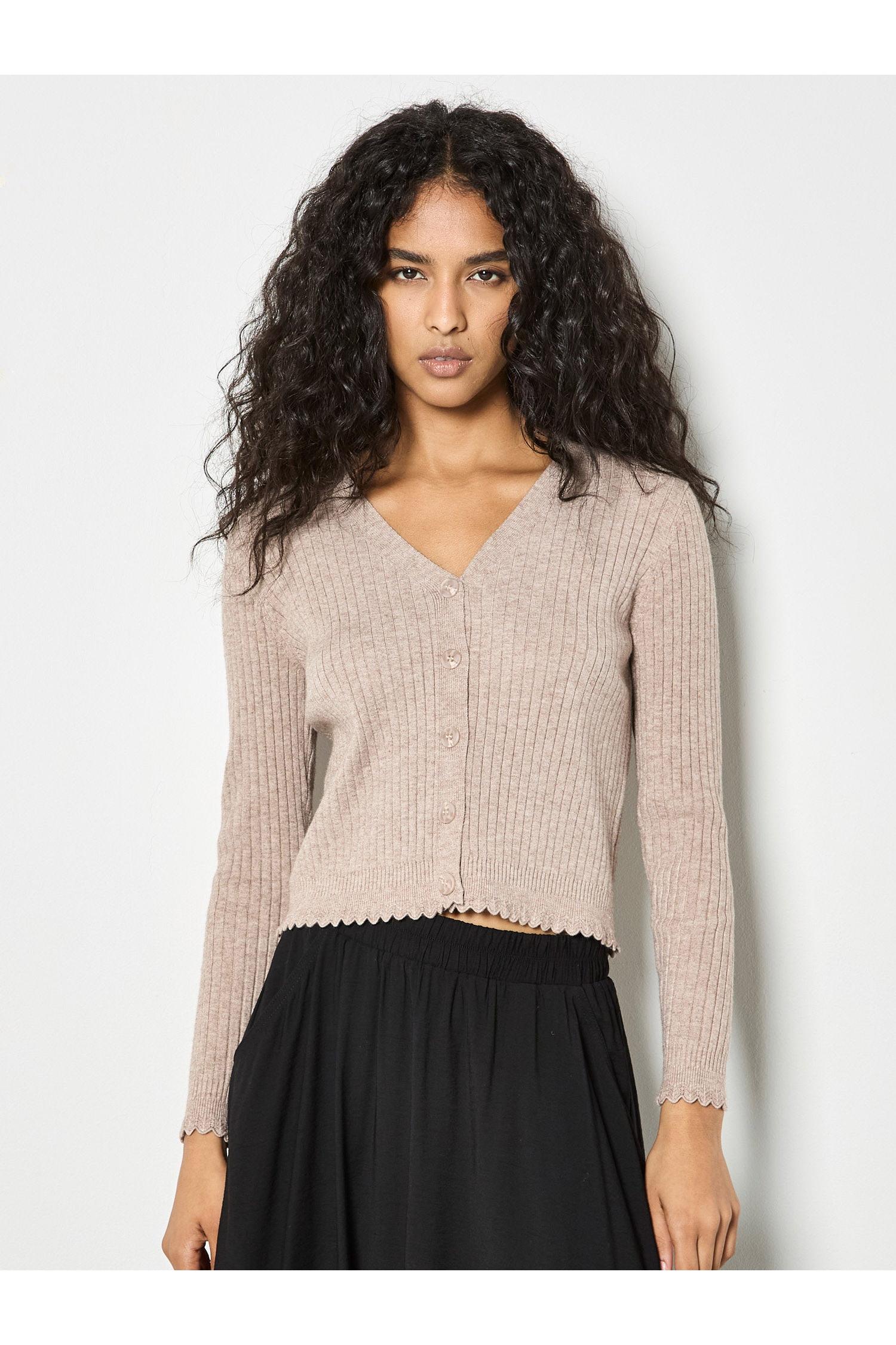 Apricot Ribbed Scallop Basic Cardigan in Stone-Cardigans & Kimonos-Apricot-Deja Nu Boutique, Women's Fashion Boutique in Lampasas, Texas