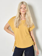 Apricot Summer Waffle Side Ruched Tee In Mustard-T-Shirts-Apricot-Deja Nu Boutique, Women's Fashion Boutique in Lampasas, Texas
