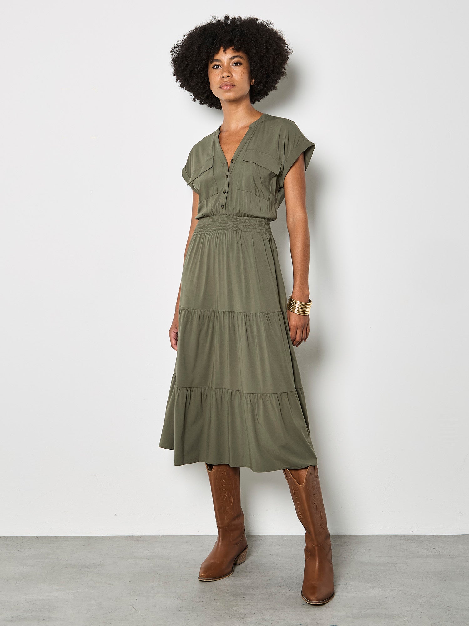 Apricot Tiered Utility Midi Dress in Olive-Midi Dresses-Apricot-Deja Nu Boutique, Women's Fashion Boutique in Lampasas, Texas