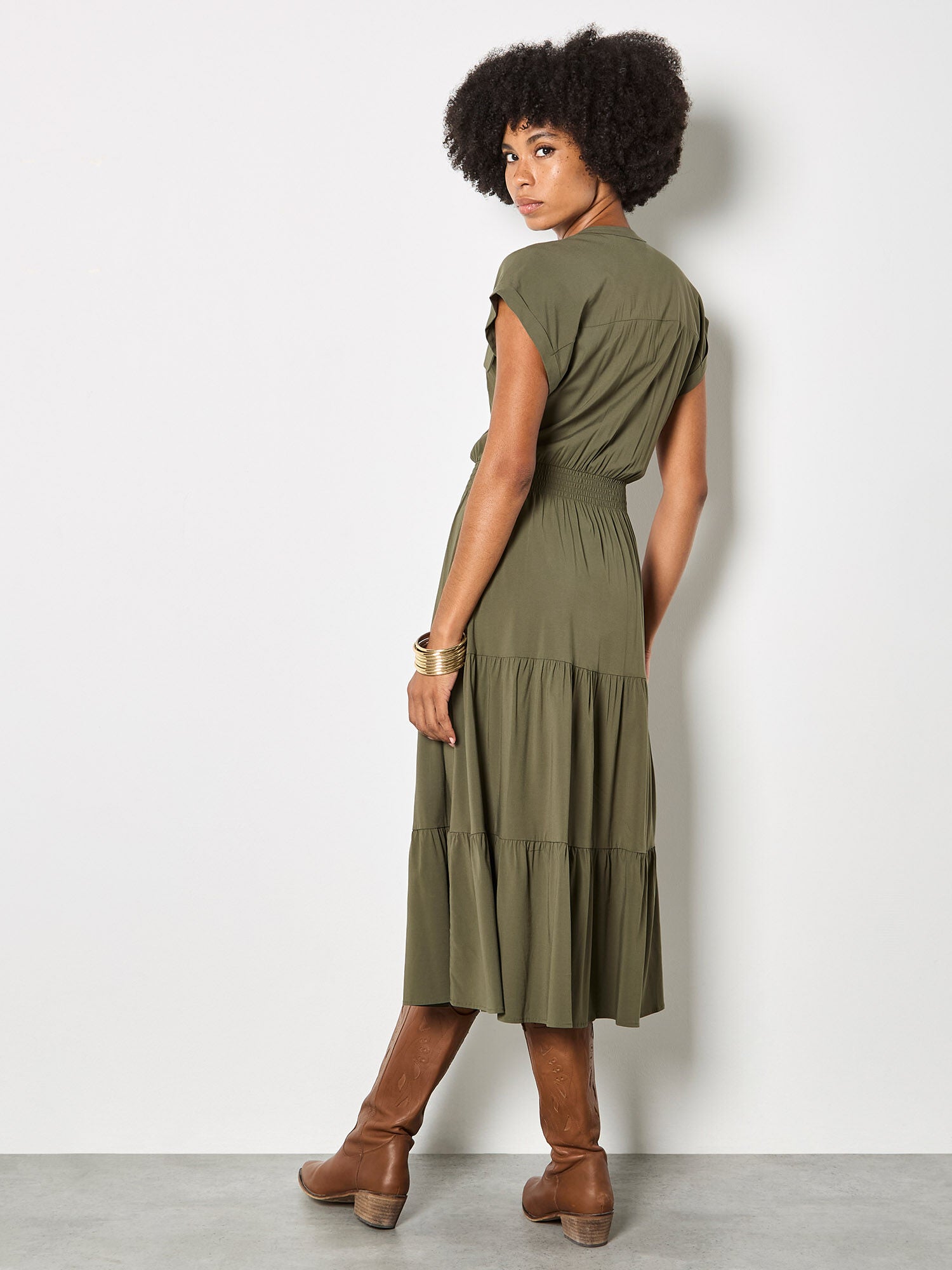 Apricot Tiered Utility Midi Dress in Olive-Midi Dresses-Apricot-Deja Nu Boutique, Women's Fashion Boutique in Lampasas, Texas