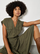 Apricot Tiered Utility Midi Dress in Olive-Midi Dresses-Apricot-Deja Nu Boutique, Women's Fashion Boutique in Lampasas, Texas