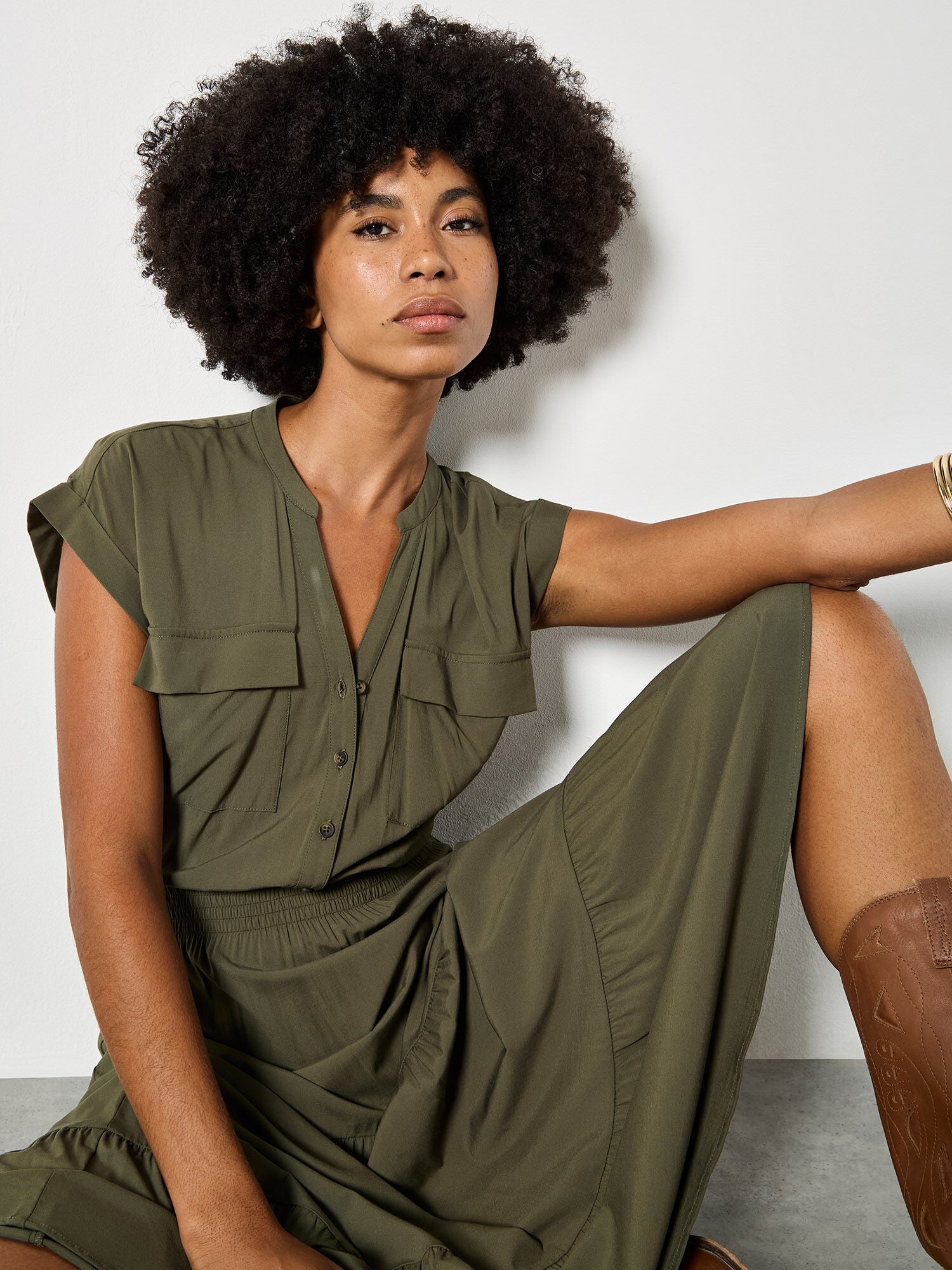 Apricot Tiered Utility Midi Dress in Olive-Midi Dresses-Apricot-Deja Nu Boutique, Women's Fashion Boutique in Lampasas, Texas