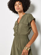 Apricot Tiered Utility Midi Dress in Olive-Midi Dresses-Apricot-Deja Nu Boutique, Women's Fashion Boutique in Lampasas, Texas