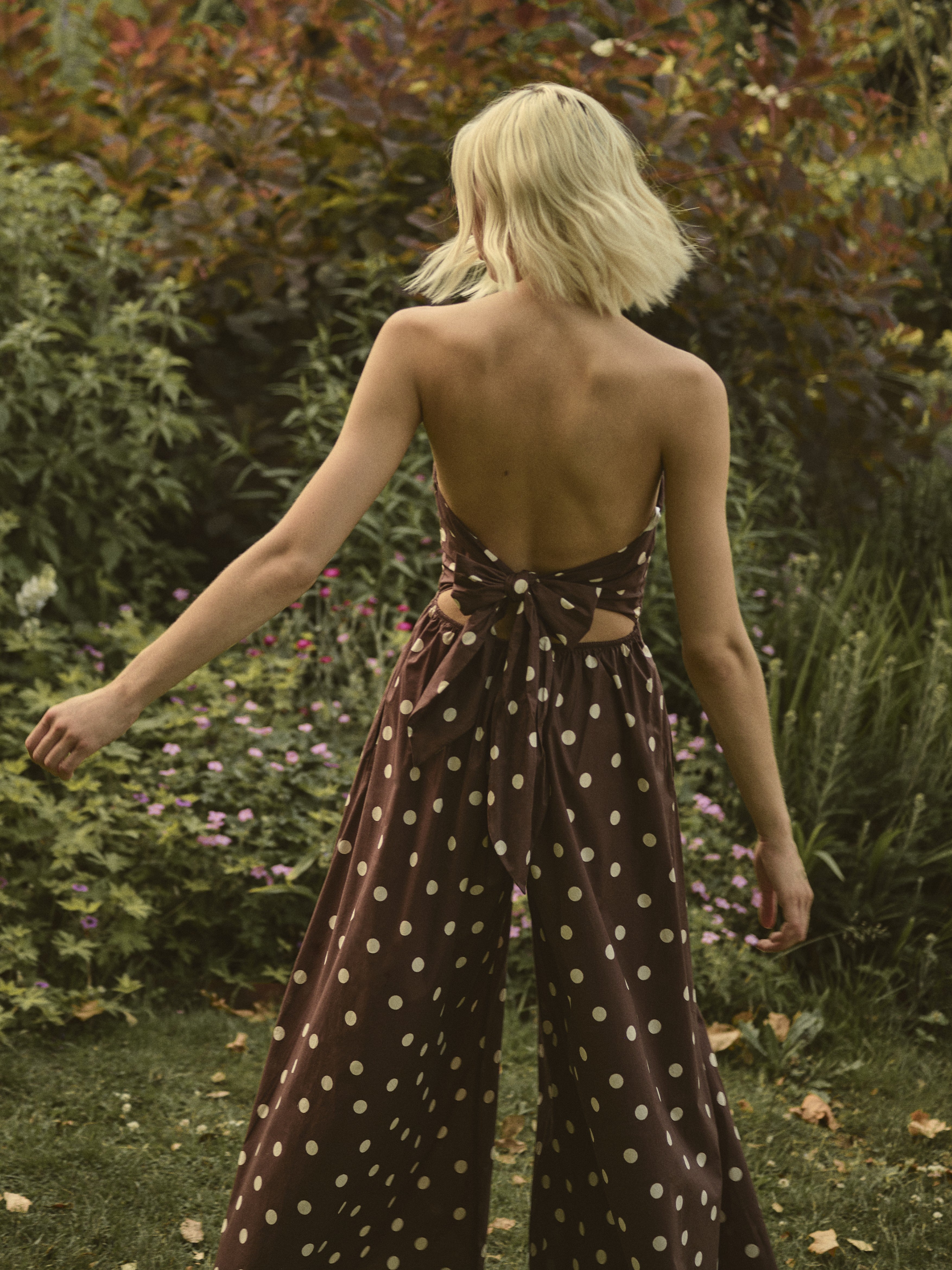 Apricot Brown Polka Dot Bardo Jumpsuit-Rompers & Jumpsuits-Apricot-Deja Nu Boutique, Women's Fashion Boutique in Lampasas, Texas