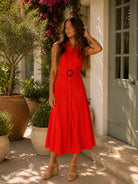 Apricot Sleeveless Belted Shirt Midi Dress in Red-Midi Dresses-Apricot-Deja Nu Boutique, Women's Fashion Boutique in Lampasas, Texas