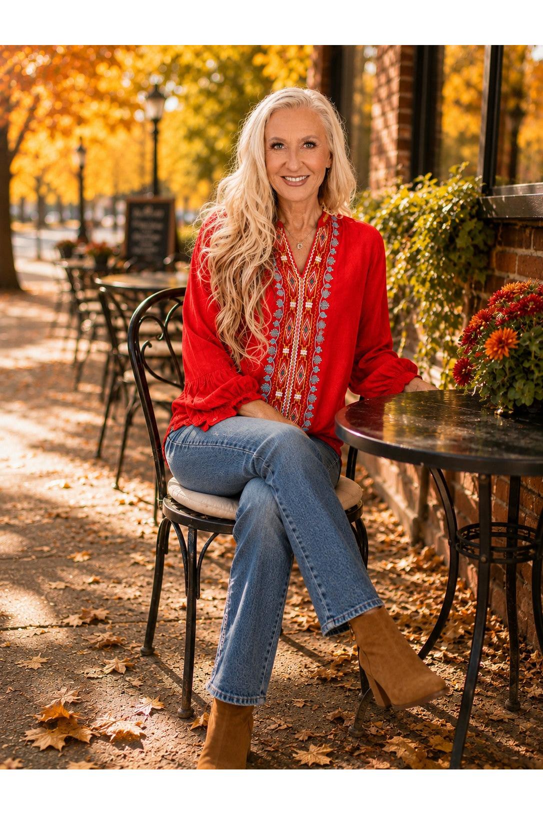 Avani del amour Red V Neck Embroidery Pullover-Sweaters-Avani del amour-Deja Nu Boutique, Women's Fashion Boutique in Lampasas, Texas