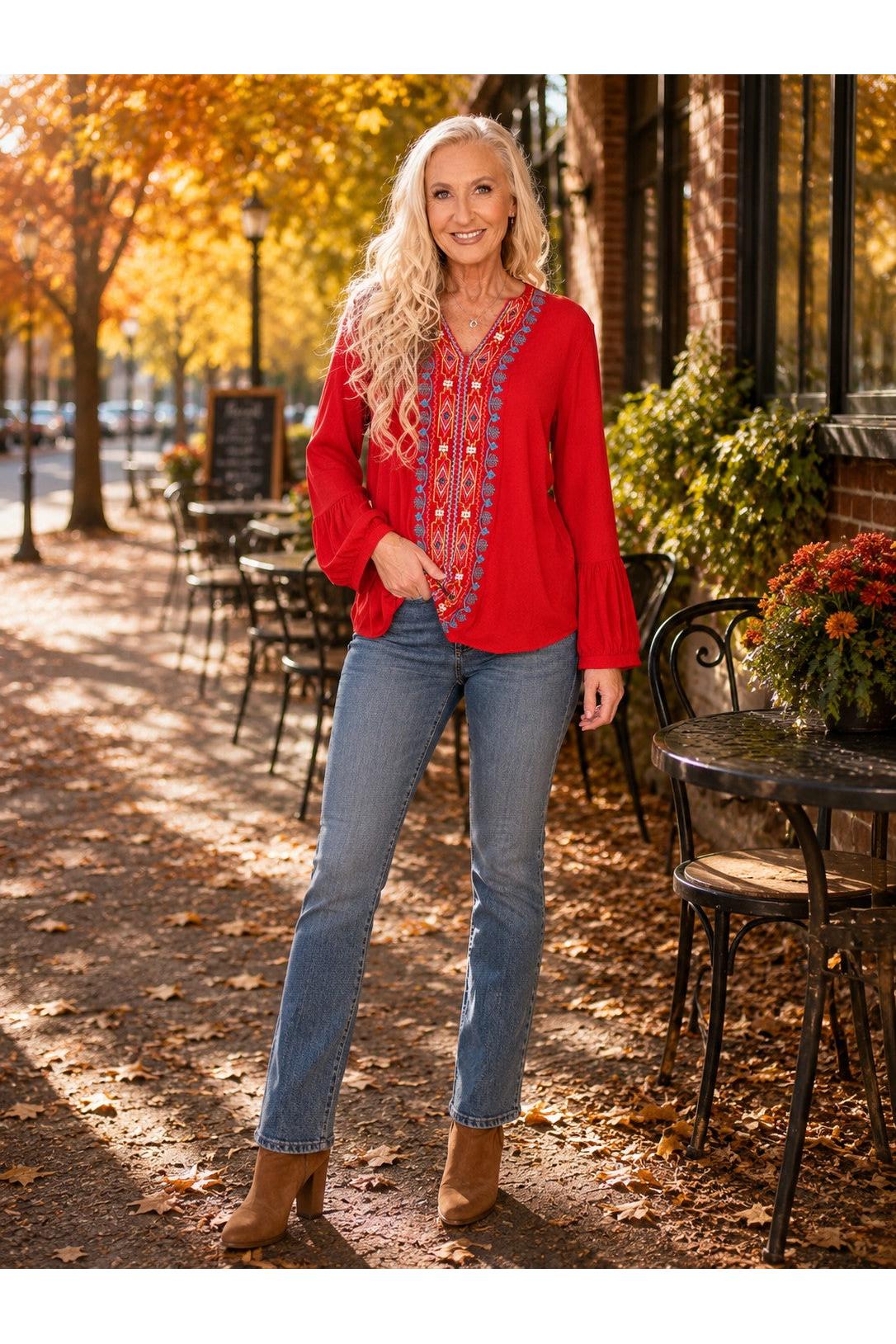 Avani del amour Red V Neck Embroidery Pullover-Sweaters-Avani del amour-Deja Nu Boutique, Women's Fashion Boutique in Lampasas, Texas
