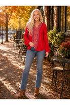 Avani del amour Red V Neck Embroidery Pullover-Sweaters-Avani del amour-Deja Nu Boutique, Women's Fashion Boutique in Lampasas, Texas