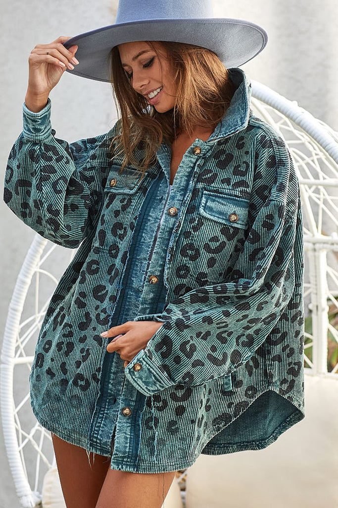 BIBI Vintage Washed Leopard Corduroy Buttoned Shacket In Vintage Teal-Shackets-BIBI-Deja Nu Boutique, Women's Fashion Boutique in Lampasas, Texas