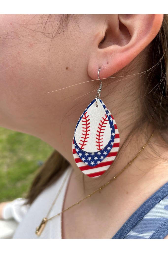 Batter Up Cute Baseball Faux Leather Red White And Blue Tiered Earrings-Earrings-Deja Nu-Deja Nu Boutique, Women's Fashion Boutique in Lampasas, Texas