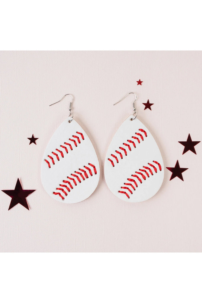 Batter Up Cute Leather Baseball Faux Leather Earrings With Red Whipstitch-Earrings-Deja Nu-Deja Nu Boutique, Women's Fashion Boutique in Lampasas, Texas