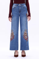 Bayeas High Rise Floral Embroidered Wide Leg Jeans in Medium Blue-Jeans-Bayeas-Deja Nu Boutique, Women's Fashion Boutique in Lampasas, Texas